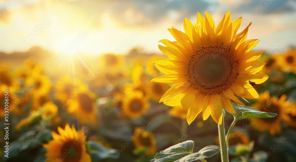 Fototapeta premium A Single Sunflower in a Field of Sunflowers at Sunset