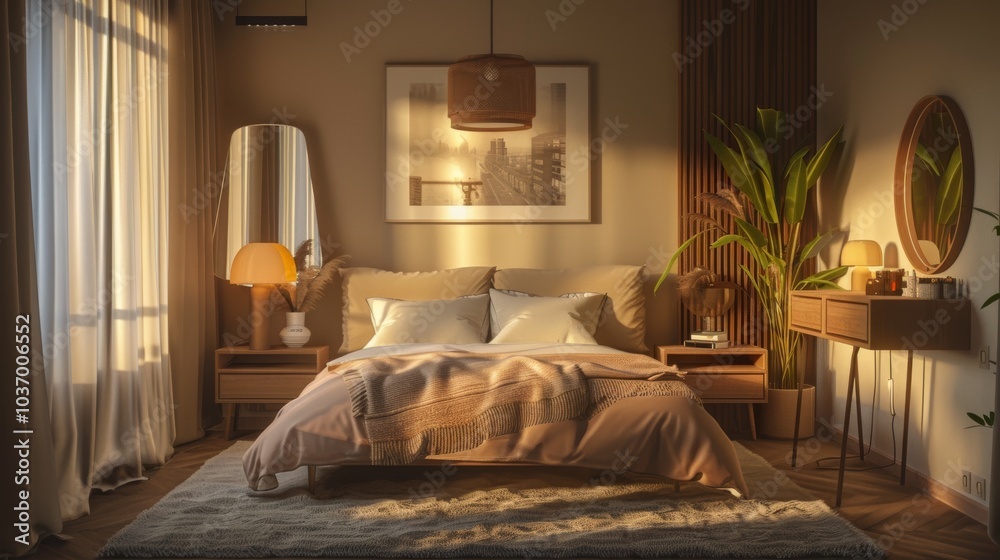 A cozy urban loft Scandinavian bedroom featuring a double bed with a headboard, bedside tables