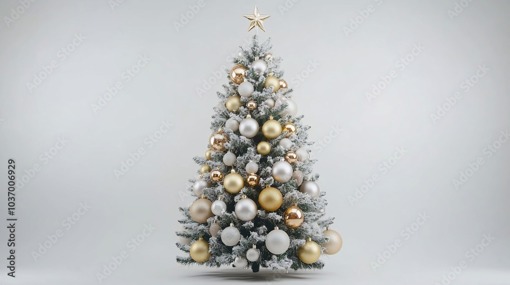 A snow-frosted Christmas tree with gold and white ornaments and a star on top against a plain white background. A snow-frosted Christmas tree with gold and white ornaments and a star on top against a plain white background.