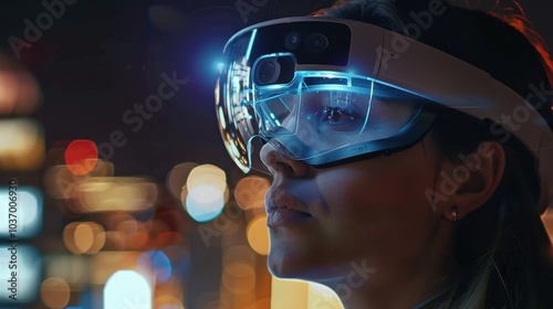 Woman wearing virtual reality goggles against night cityscape background. Mixed media