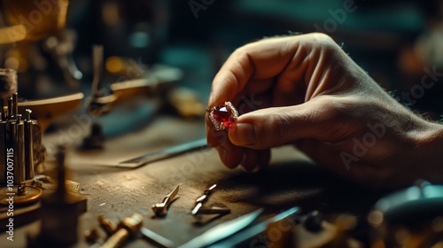 Master Craftsman at Work: Precision and Passion in Jewelry Making with Gemstones and Fine Tools on a Well-Worn Workbench