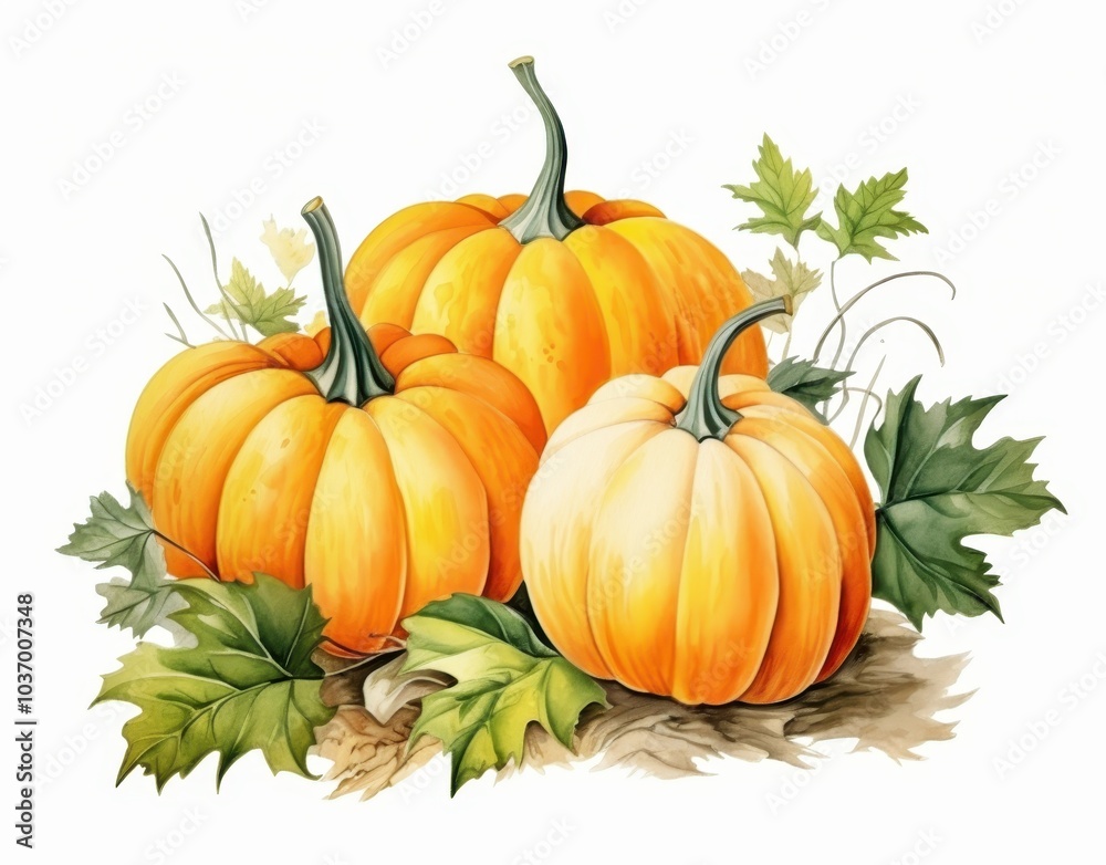 Three Pumpkins With Green Leaves on a White Background Three Pumpkins With Green Leaves on a White Background
