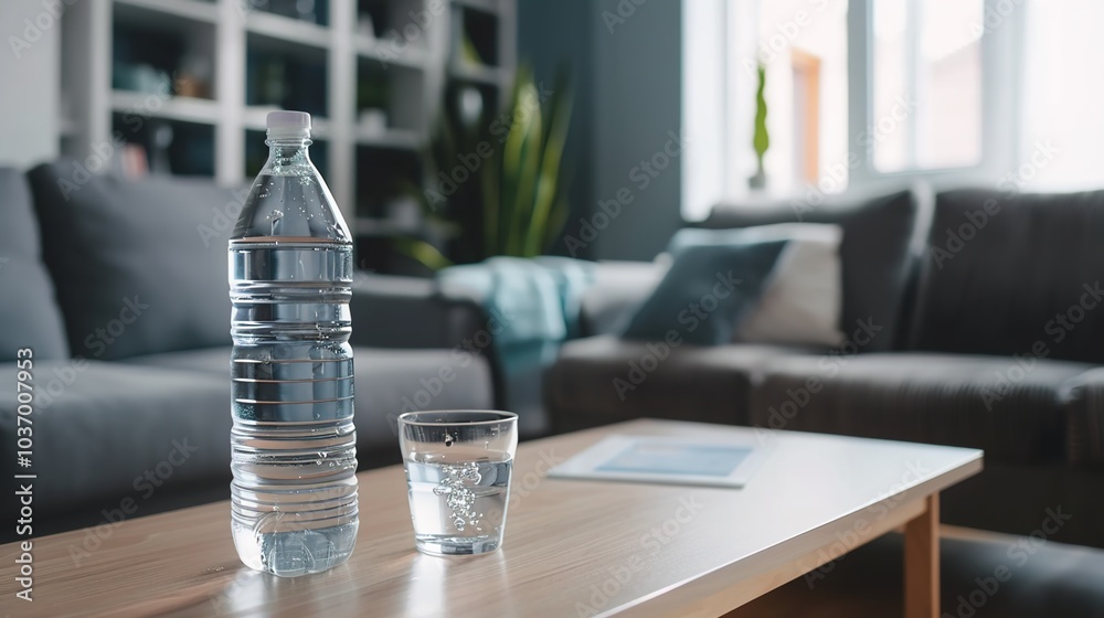 Pure fresh drinking water is poured from a bottle on the living room table Pure fresh drinking water is poured from a bottle on the living room table