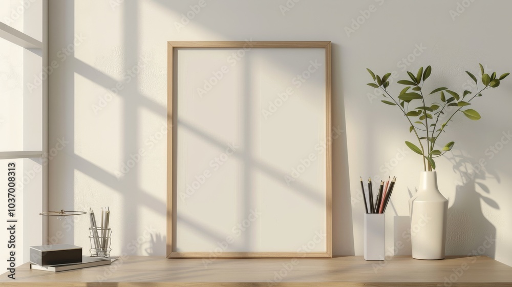 A minimalist desk in a bright home office with white walls and a light wooden surface. A blank picture frame is prominently displayed with a sleek, modern pen stand. Soft