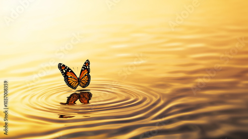 Orange Monarch Butterfly Hovering Over Golden Water Ripples At Sunset photo