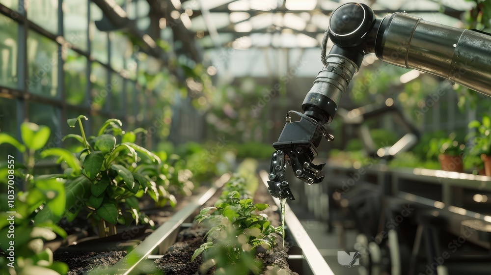 Robot hand holding padlock with seedlings growing in greenhouse. Robot hand holding padlock with seedlings growing in greenhouse.