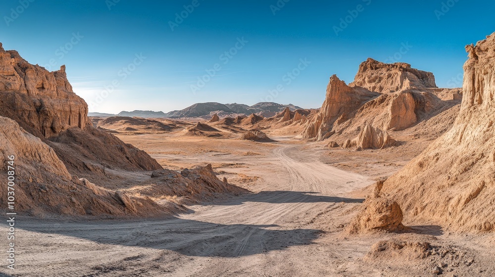 Stunning Desert Landscapes: A Vast Expanse of Sandy Terrain and Majestic Rock Formations Beneath a Clear Blue Sky, Perfect for Adventure and Exploration Stunning Desert Landscapes: A Vast Expanse of Sandy Terrain and Majestic Rock Formations Beneath a Clear Blue Sky, Perfect for Adventure and Exploration