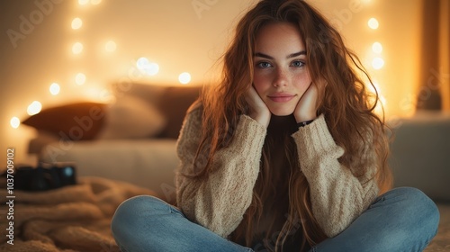 A young woman with long hair relaxes in a cozy, warmly lit space, surrounded by soft textures and charming string lights, creating an atmosphere of peace and comfort. photo