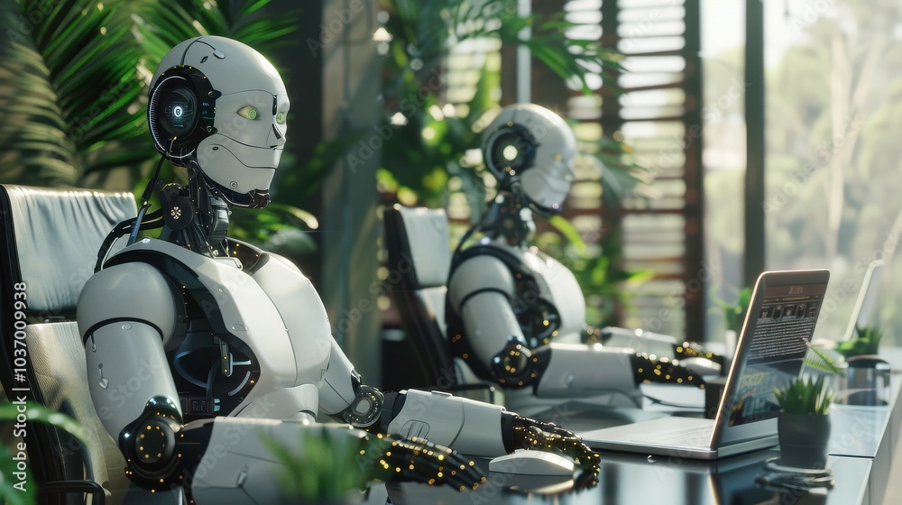 Robot humanoid working in modern office. Artificial intelligence concept. 3D Rendering Robot humanoid working in modern office. Artificial intelligence concept. 3D Rendering