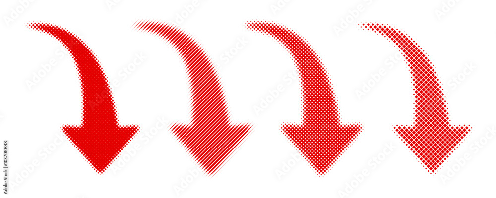 Abstract halftone-dotted red, curved arrows pointing to the right and down on a white background. Direction symbol. Arrow symbols for infographics and posters. Vector illustration Abstract halftone-dotted red, curved arrows pointing to the right and down on a white background. Direction symbol. Arrow symbols for infographics and posters. Vector illustration