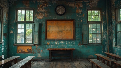 An abandoned classroom with peeling paint, wooden benches, and a clock on the wall.