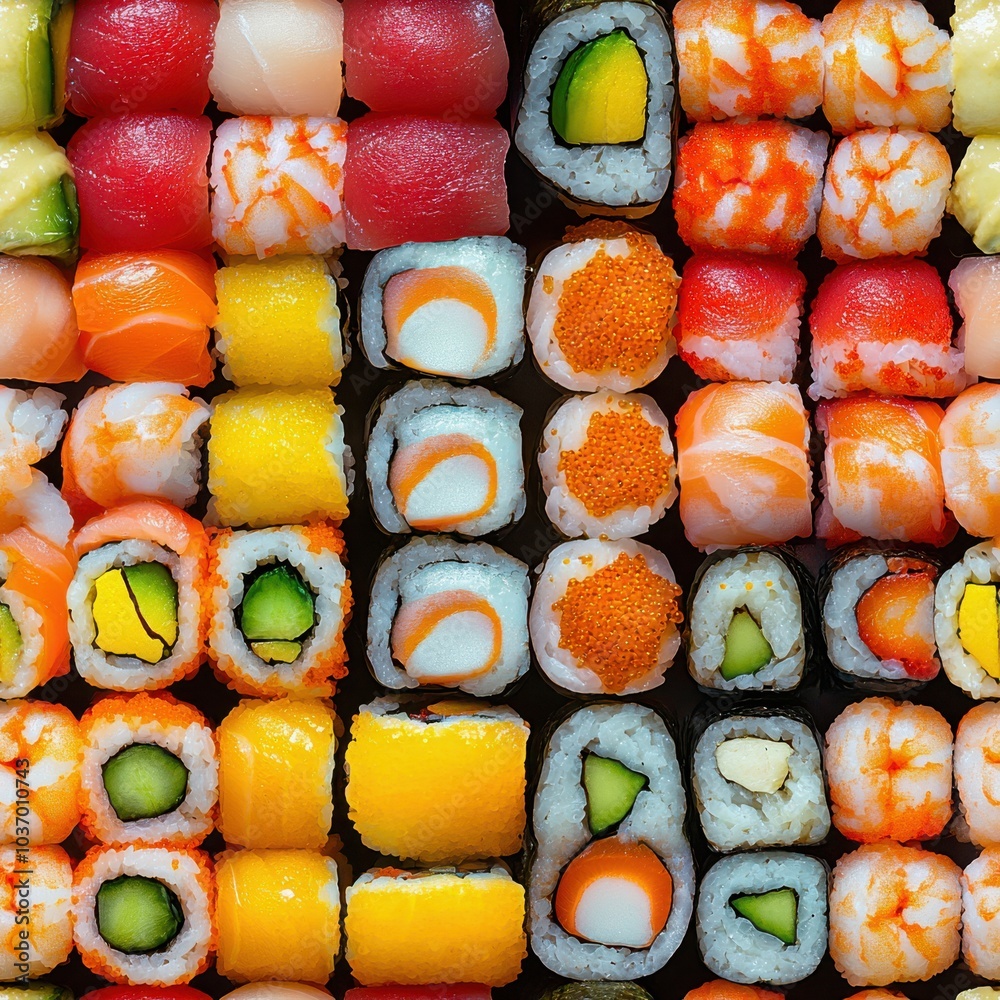 Vibrant Sushi Rolls Displayed on Dark Background with Artistic Food Presentation. Vibrant Sushi Rolls Displayed on Dark Background with Artistic Food Presentation.