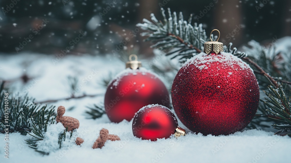 Three red Christmas ornaments with snow covered pine branches and falling snow in the background. Three red Christmas ornaments with snow covered pine branches and falling snow in the background.