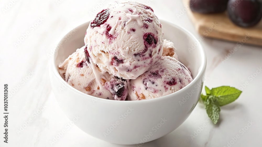 ice cream gelato blueberry plum amaretti ice cream scoop in soft creamy white bowl food studio photography