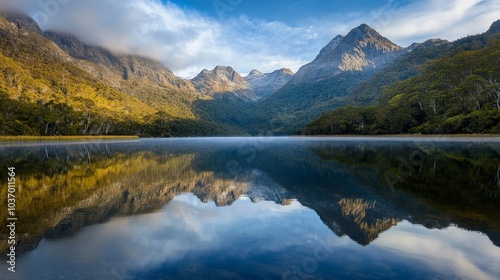 Serene Reflections: A Breathtaking View of Majestic Mountains and Tranquil Waters Amidst a Lush Green Landscape