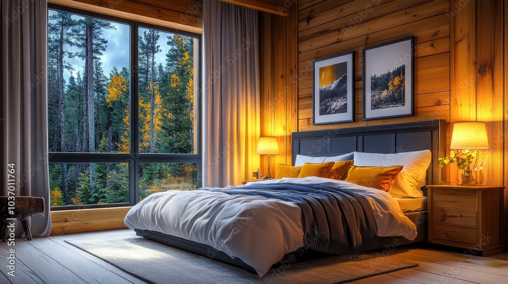 Cozy Bedroom with Wooden Bed and Warm Ambiance Cozy Bedroom with Wooden Bed and Warm Ambiance