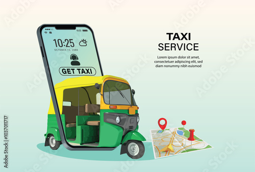 Taxi online vector car ride map on smartphone tuk tuk service design of yellow green 3d car cab location city map for mobile internet app pin gps way web trip