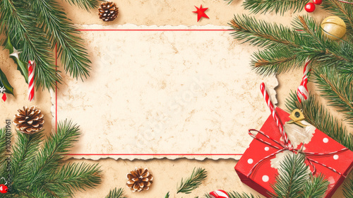 Vintage Christmas greeting card with spruce branches.