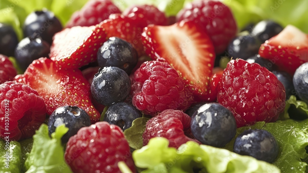 Fresh Berries and Greens Salad Close-Up Fresh Berries and Greens Salad Close-Up