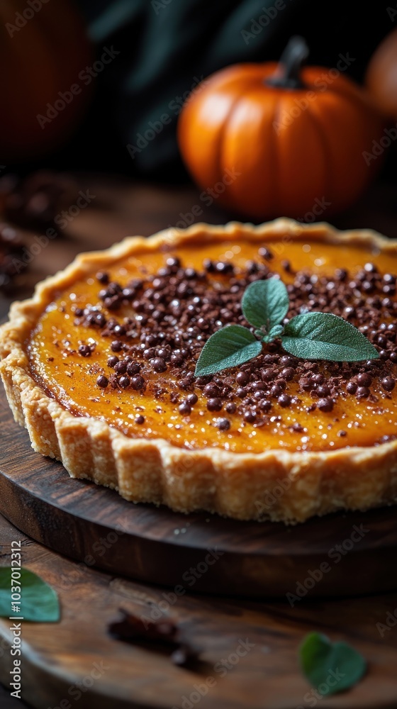 Pumpkin Pie with Chocolate Chips and Sage Leaves - Food Photography Pumpkin Pie with Chocolate Chips and Sage Leaves - Food Photography