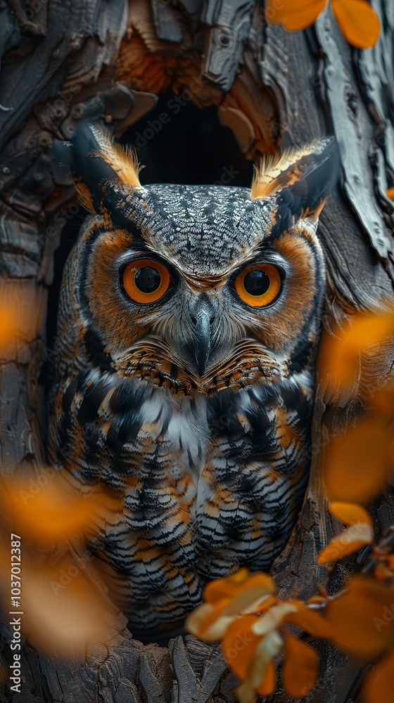 Majestic Owl in Tree with Striking Eyes Majestic Owl in Tree with Striking Eyes