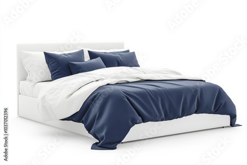 Luxurious bedding with deep blue comforter and white pillows on an elegant upholstered bed isolated on white background