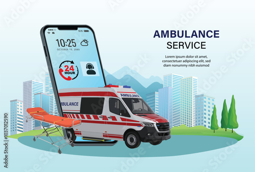 icon logo sign Ambulance emergency service online on mobile application with ambulance car and stretcher. On call 24 Hr. Healthcare and medical. Digital health concept. 3D vector illustration
