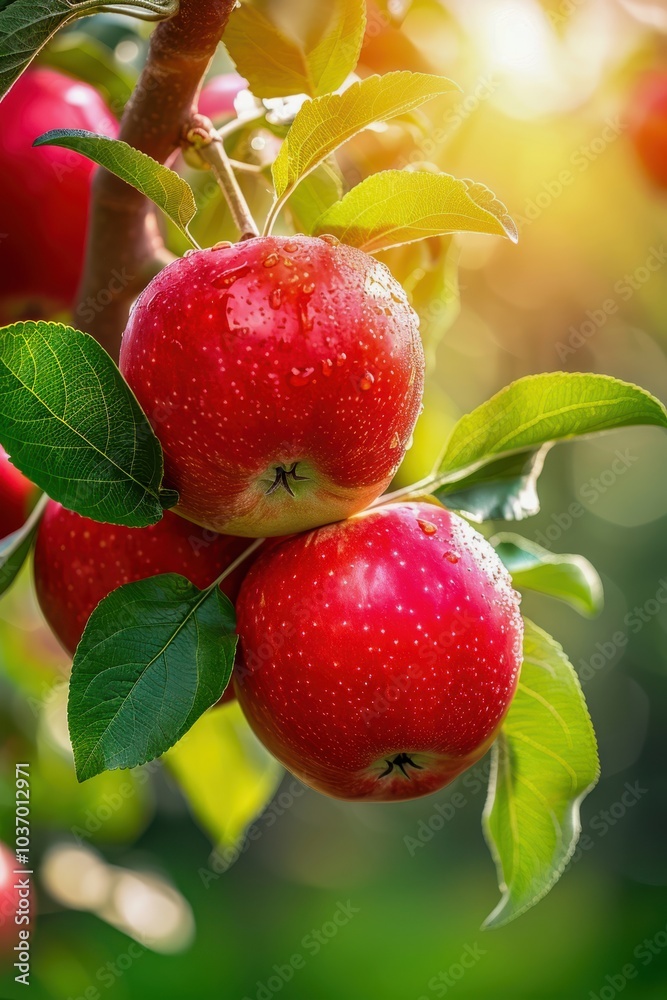Vibrant Red Apples Ripening on a Lush Green Tree Branch Against a Bright Sunny Sky Vibrant Red Apples Ripening on a Lush Green Tree Branch Against a Bright Sunny Sky