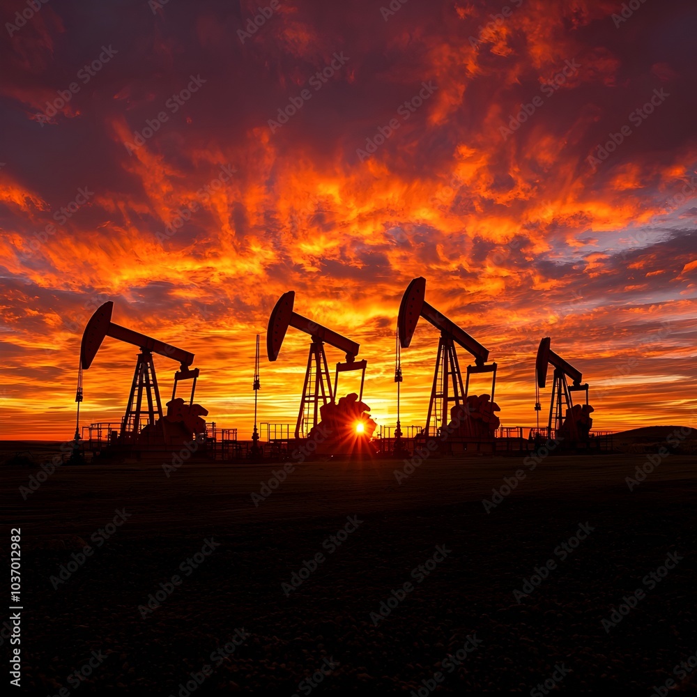 Silhouetted Oil Pumps Against a Fiery Sunset Landscape Capturing the Essence of Energy Production Silhouetted Oil Pumps Against a Fiery Sunset Landscape Capturing the Essence of Energy Production