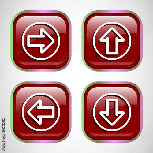 Right, Left, Up, Down Arrow Icon Design Illustration, Arrow Sign For Apps And Websites, Red Color Square Button Design