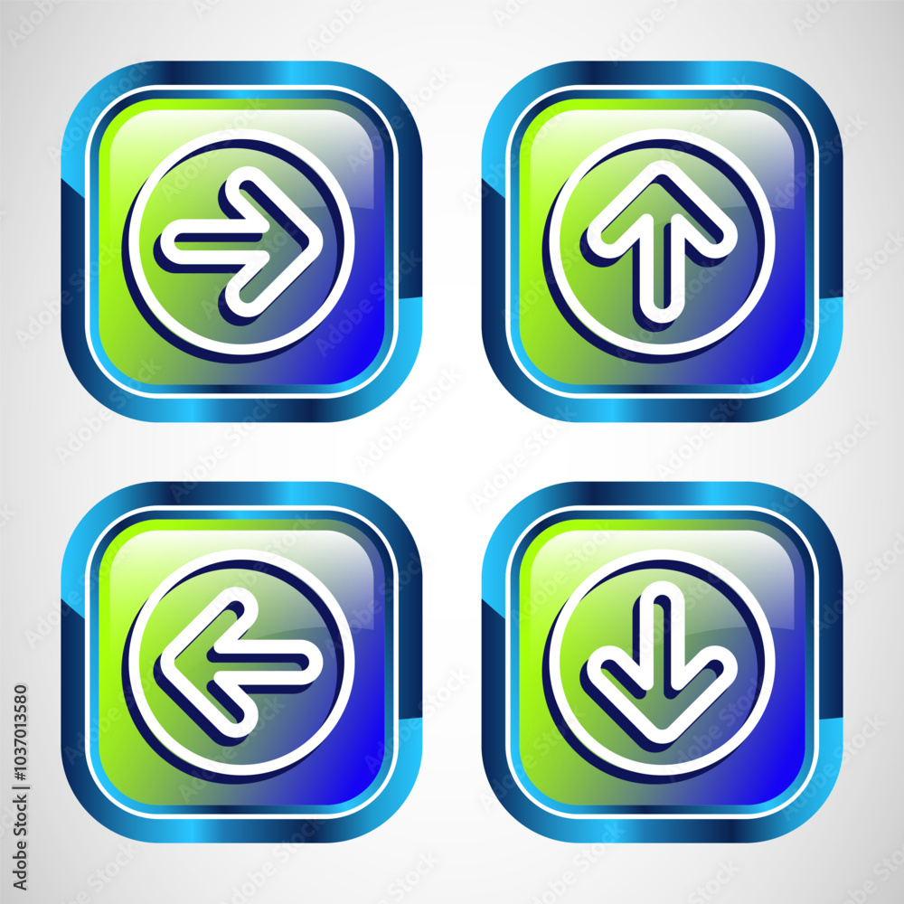 Right, Left, Up, Down Arrow Icon Design Illustration, Arrow Sign For Apps And Websites, Glossy Square Button Design Right, Left, Up, Down Arrow Icon Design Illustration, Arrow Sign For Apps And Websites, Glossy Square Button Design