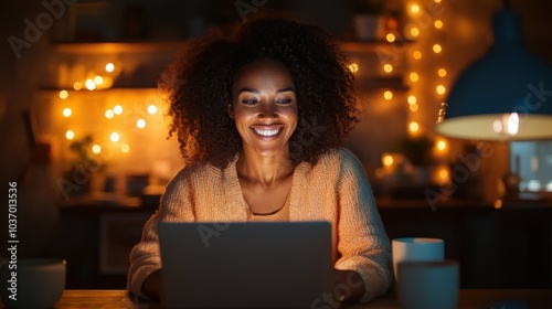 A joyful woman using a laptop at night, surrounded by fairy lights in a warm atmosphere, exuding happiness and productivity in a cozy, inviting environment. photo