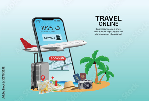 Online travel on smartphone . Book a ticket. Trip planning. Travel to World. travel equipment and luggage. Top view on travel and tourism concept summer beach holiday holidays bag