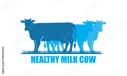 GREAT HEALTHY MILK COW STANDING LOGO, silhouette of happy dairy cow at farm vector illustrations