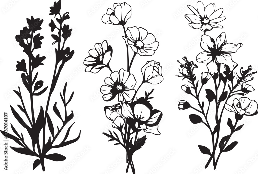 Flowers, plants set silhouette isolated vector Flowers, plants set silhouette isolated vector