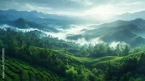 A panoramic view of a lush green valley with rolling hills and mist rising up from the ground. The sun shines brightly in the distance, casting a warm glow over the landscape.