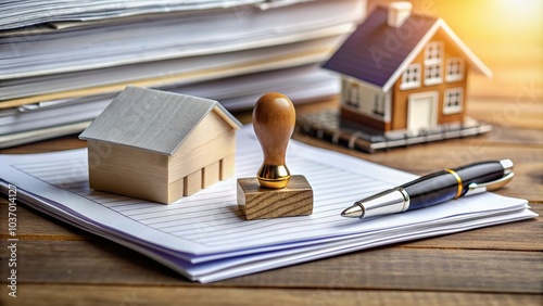 A stamper lies on a signed mortgage loan and auto insurance contract with approved stamp, surrounded by papers and pens, on a cluttered office desk, with copy space.