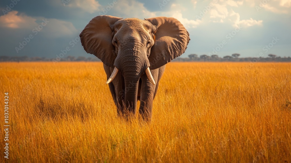 Fototapeta premium Majestic Elephant Roaming Through Golden Grasslands Under Dramatic Skies: A Captivating Wildlife Encounter in the Heart of Nature's Serengeti.