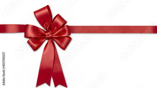 A bright red ribbon bow, tied neatly with smooth loops and long, flowing tails, isolated on a white background. 