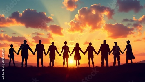 United silhouettes of people holding hands against dramatic sunset sky