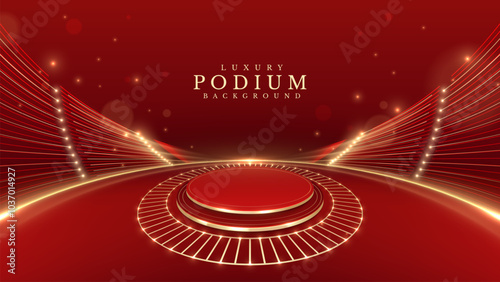 Golden empty podium on red background decorated with glittering lights and bokeh, stage design concept for product show or awards ceremony in elegant style.
