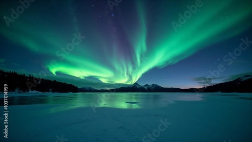Mesmerizing northern lights display in emerald green dancing over frozen lake landscape