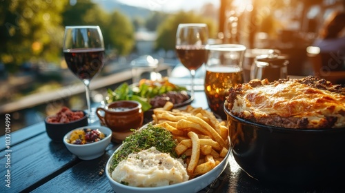 An inviting outdoor dining scene featuring a hearty pie, crispy fries, side dishes, and refreshing drinks, all set in a picturesque and tranquil environment.