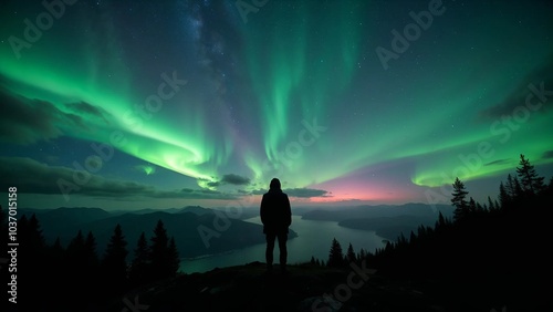 Silhouette of person watching vibrant aurora borealis in starry night sky