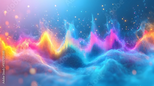 Colorful sound wave visualization on a light blue background, displaying a vibrant spectrum with neon glow and dynamic energy bars in a futuristic design. photo