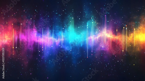 Colorful sound wave visualization on a light blue background, displaying a vibrant spectrum with neon glow and dynamic energy bars in a futuristic design. photo