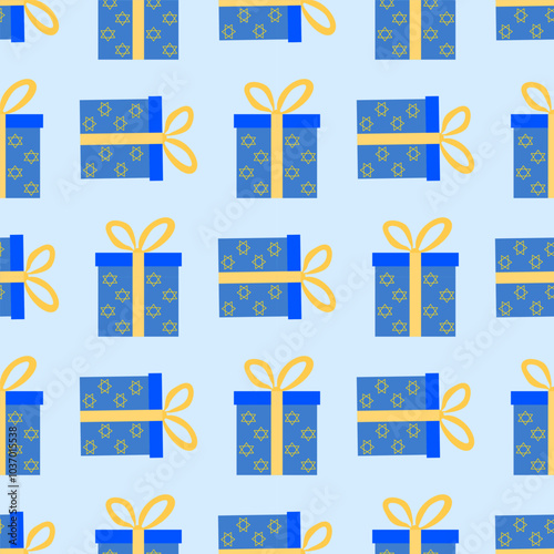 Seamless vector pattern featuring boxes adorned with Stars of David. Perfect for holiday-themed designs, textiles, gift wrap, home decor, and festive table settings.