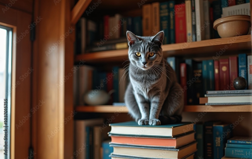 A Russian Blue cat perched on the top of a tall bookshelf