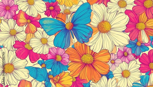 Colorful Floral Pattern with Butterfly Wings