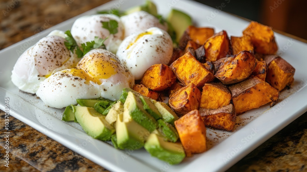 Healthy Breakfast Plate with Poached Eggs and Sweet Potato Healthy Breakfast Plate with Poached Eggs and Sweet Potato